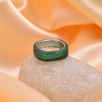 925 Sterling Silver Square Green Band Ring For Women