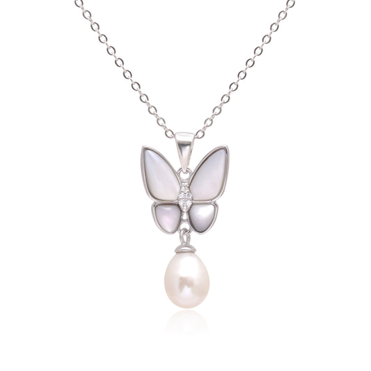 925 Sterling Silver Butterfly Pendant With Pearl Pendant Necklace