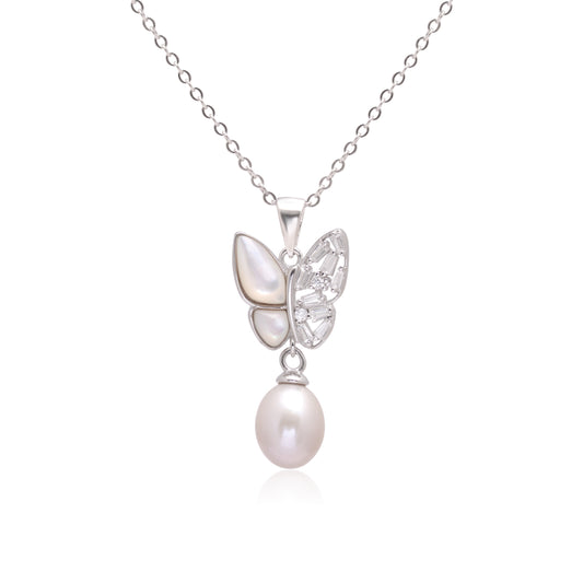 925 Sterling Silver Half Crystal Butterfly Pendant With Pearl Pendant Necklace